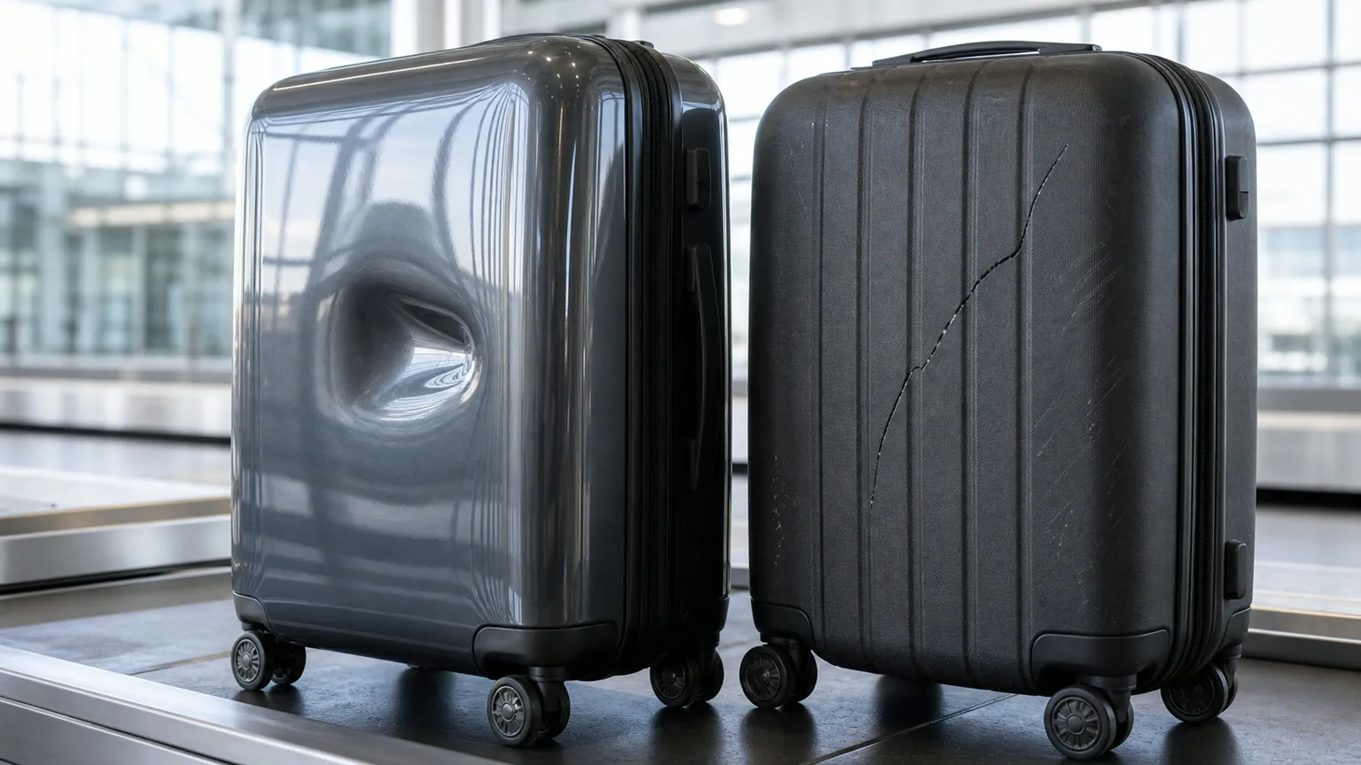 To hardcase-kufferter i lufthavn: en blank med fleksibel bule og en mat med revne