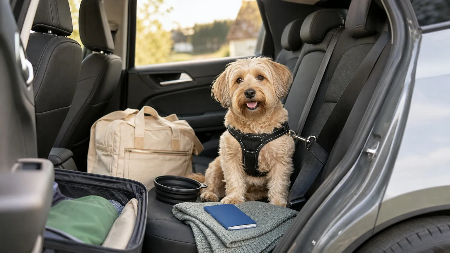 Hund i bil med sele, rejsetaske, vandskål og blåt kæledyrspas klar til ferie i Europa