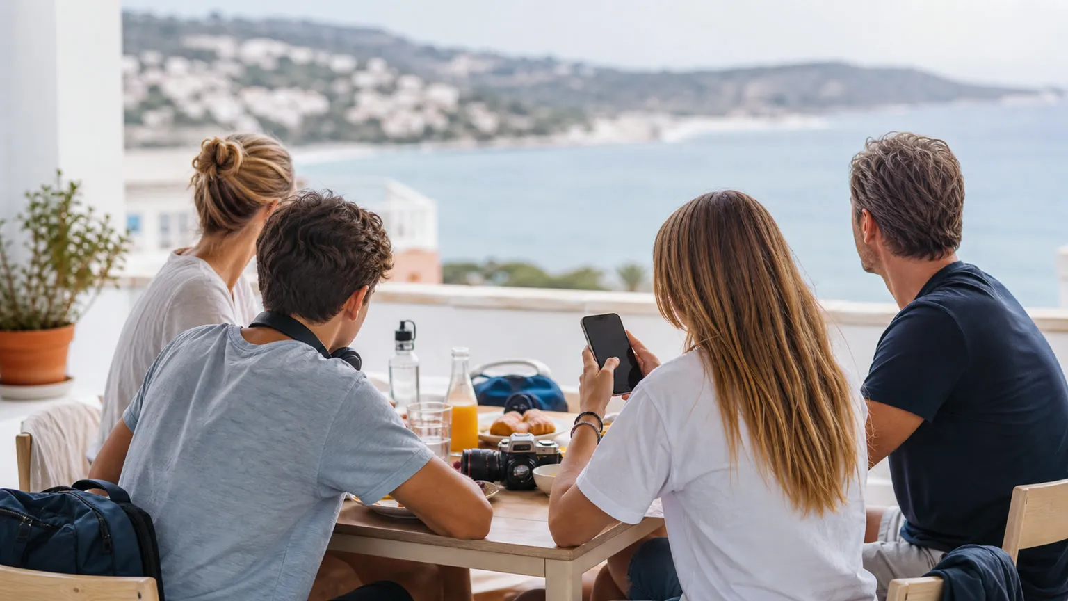 Familie med teenagere planlægger feriedagen på solrig altan med havudsigt
