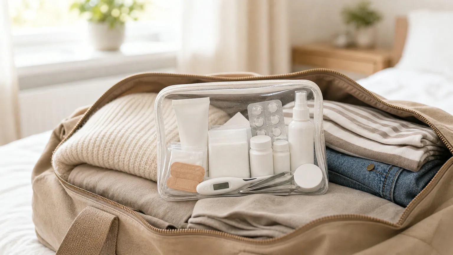 Rejseapotek i gennemsigtig toilettaske pakket i åben weekendtaske med tøj i lyst soveværelse