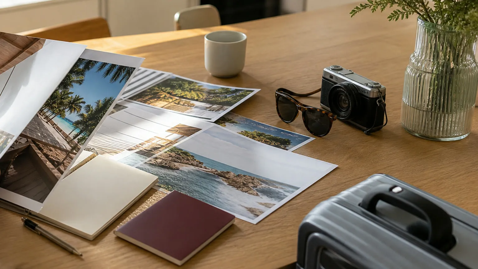 Dansk køkkenbord med feriefotos, pas, solbriller, kamera og kuffert klar til sammenligning af rejser.