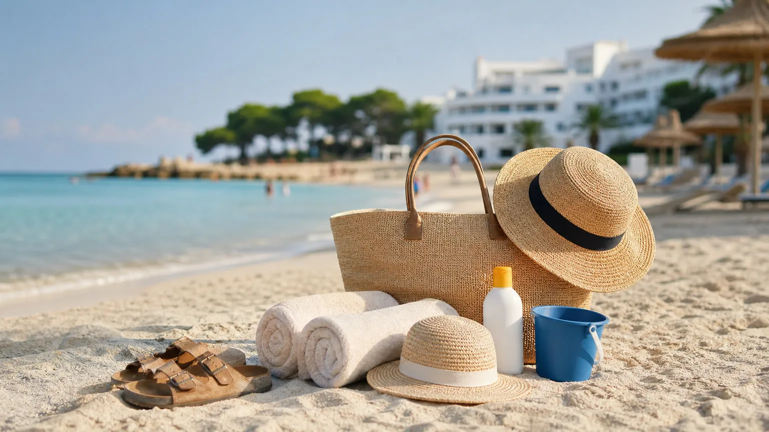 Strandtaske, håndklæder og sandspand på solrig middelhavsstrand med turkis vand og feriehotel i baggrunden