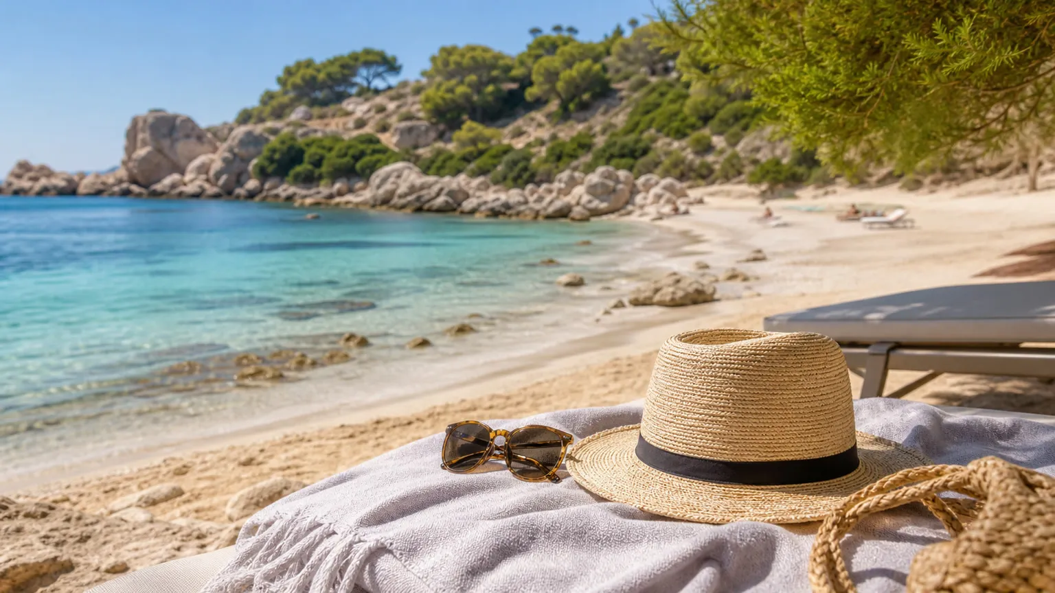 Solrig middelhavsstrand i maj med turkis vand, stråhat og solbriller på et håndklæde i forgrunden