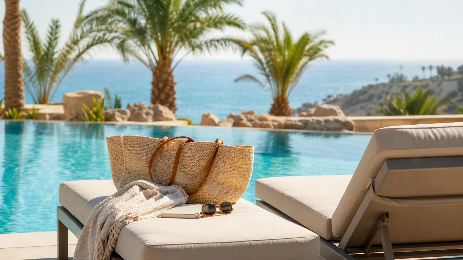 Solrig resortpool med tomme liggestole, strandtaske og palmer ved havet i november