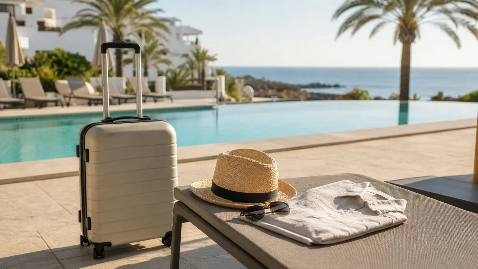 Kuffert, stråhat og solbriller ved en solrig poolterrasse med palmer og havudsigt i oktober