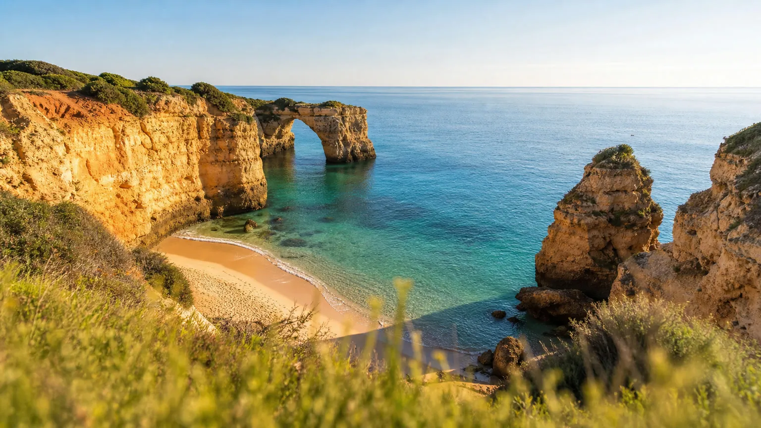 Gyldne klipper og en lille sandbugt ved Algarves turkisblå Atlanterhav i klart morgensol