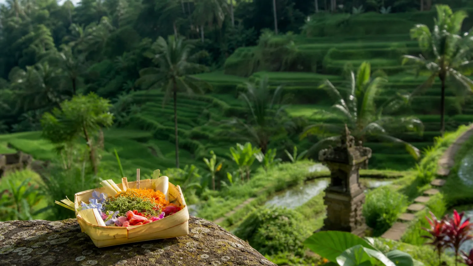 Balinesisk offerkurv foran grønne risterrasser ved Ubud i klart morgenlys