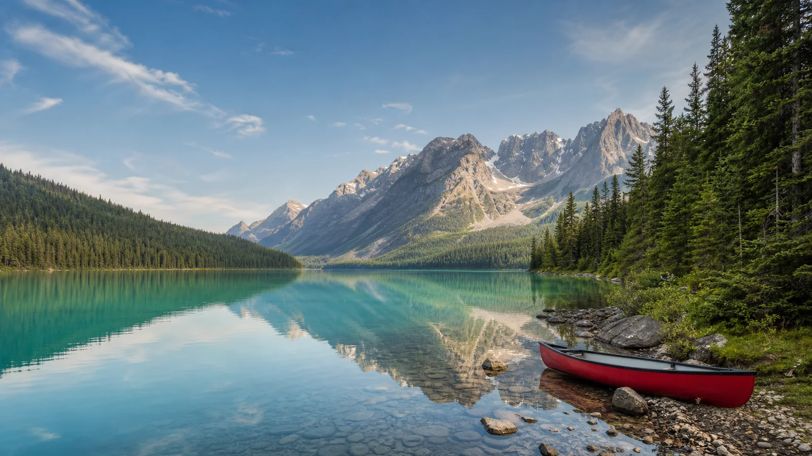 Storslået bjerglandskab og krystalklar sø i de canadiske Rocky Mountains