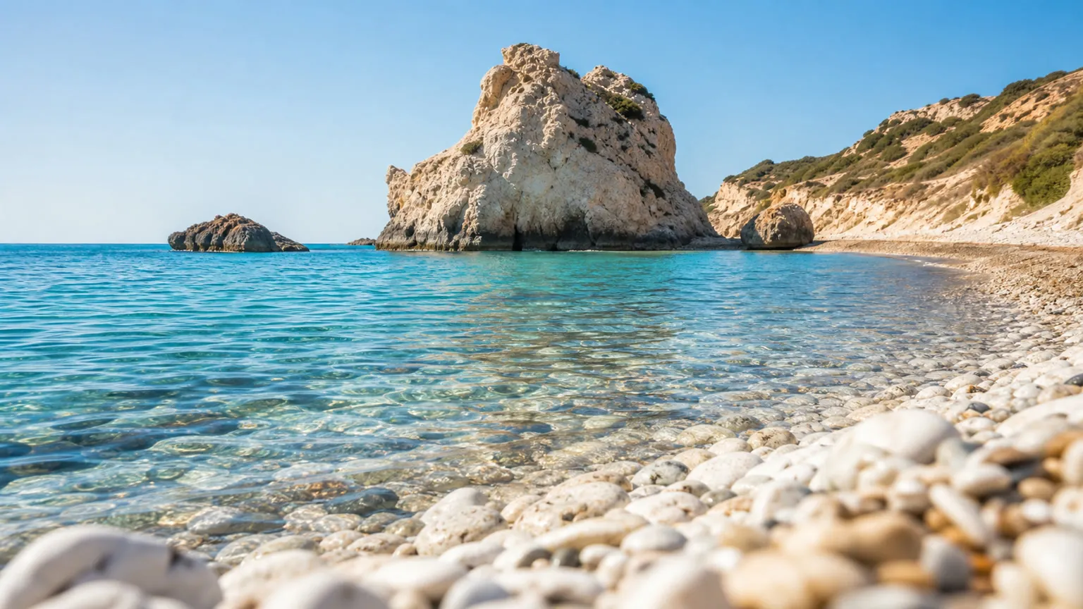 Petra tou Romiou på Cypern med kalkstensklipper, klart turkisblåt Middelhav og stenstrand i sollys