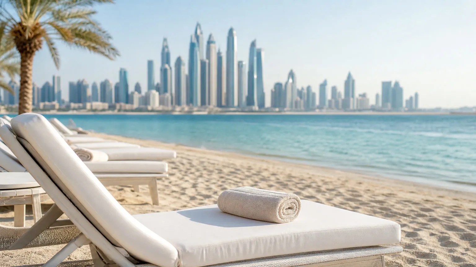 Hvide solsenge på strand i Dubai med turkis hav og moderne skyline i baggrunden