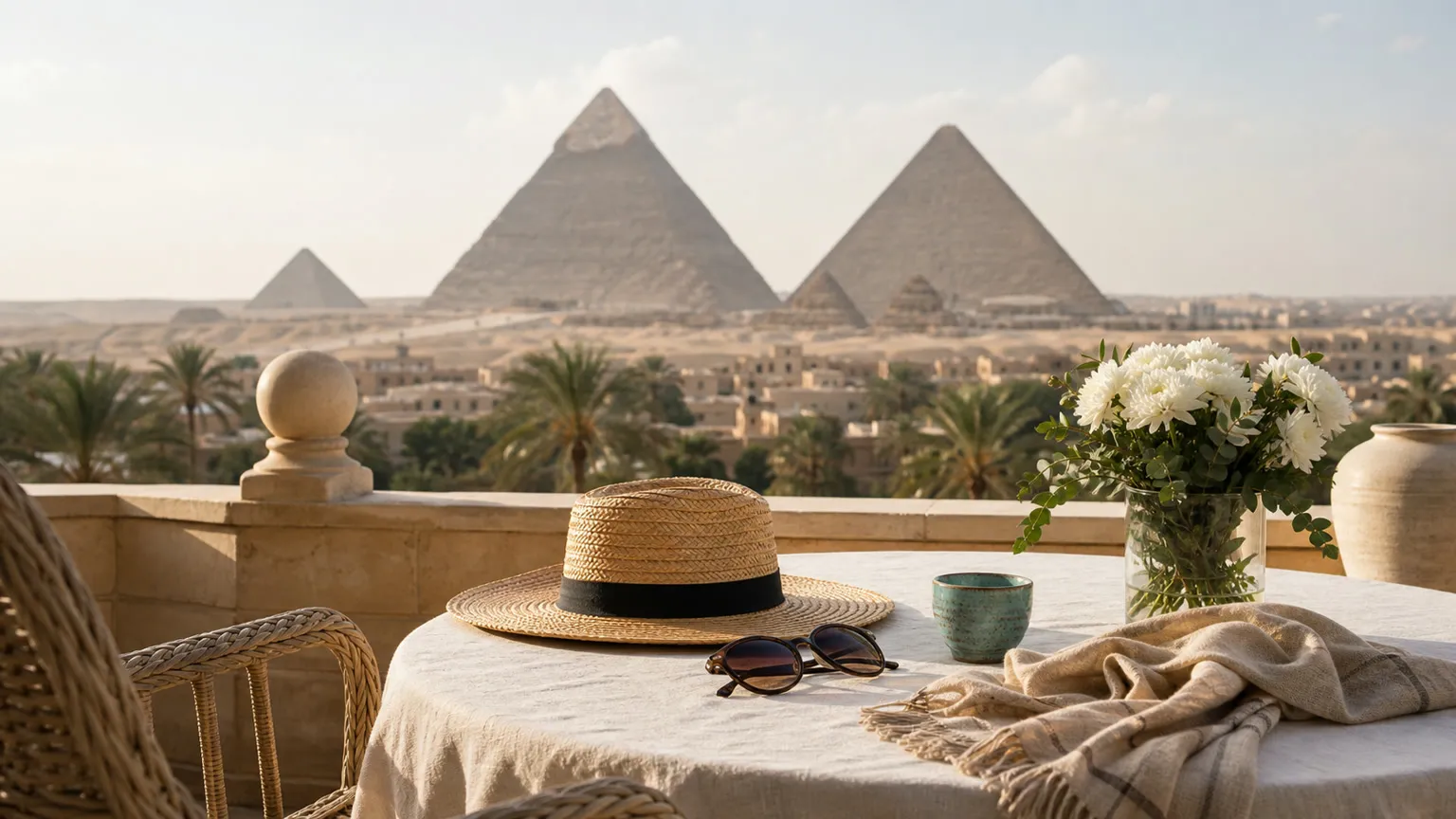 Solrig Giza-terrasse med stråhat og solbriller i forgrunden og pyramiderne i blød baggrund