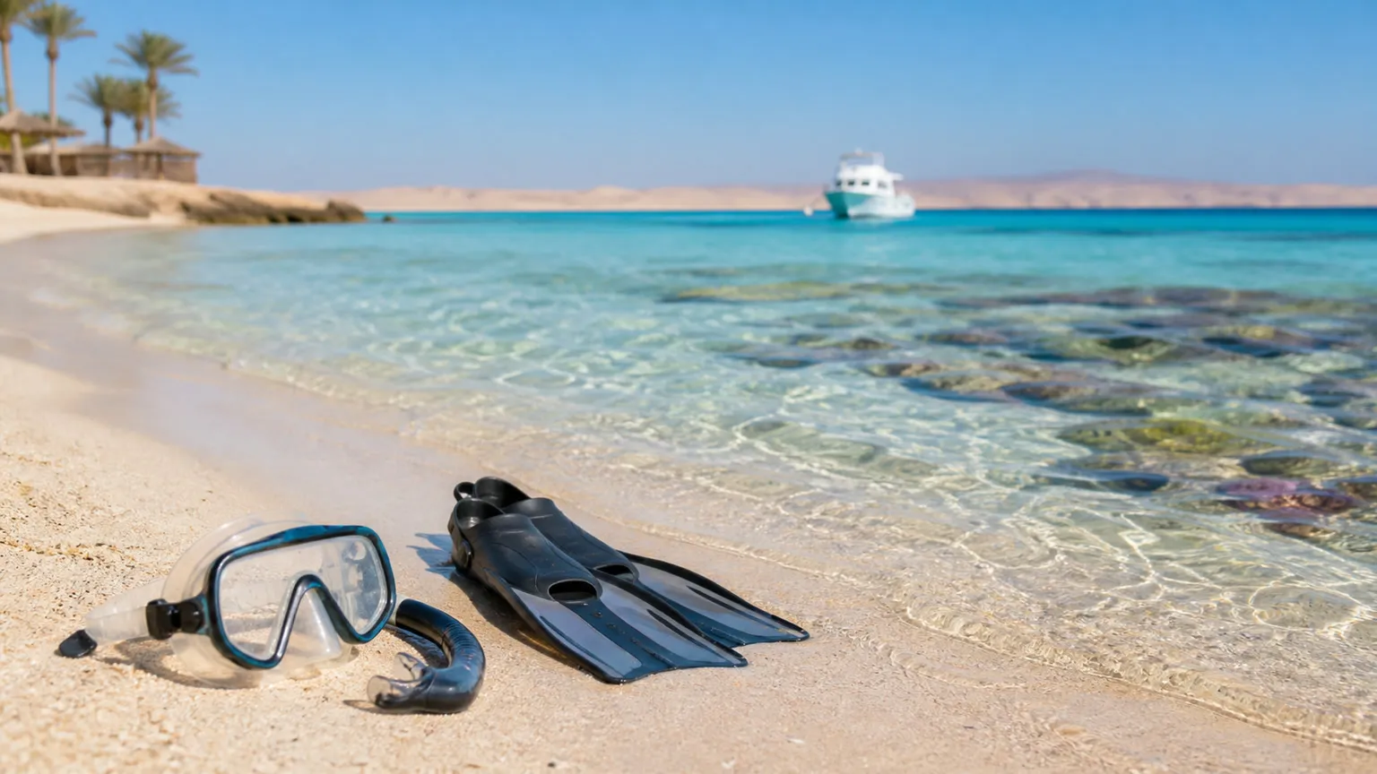 Snorkeludstyr på stranden ved krystalklart Rødehavsvand i Hurghada med palmer og båd i baggrunden.