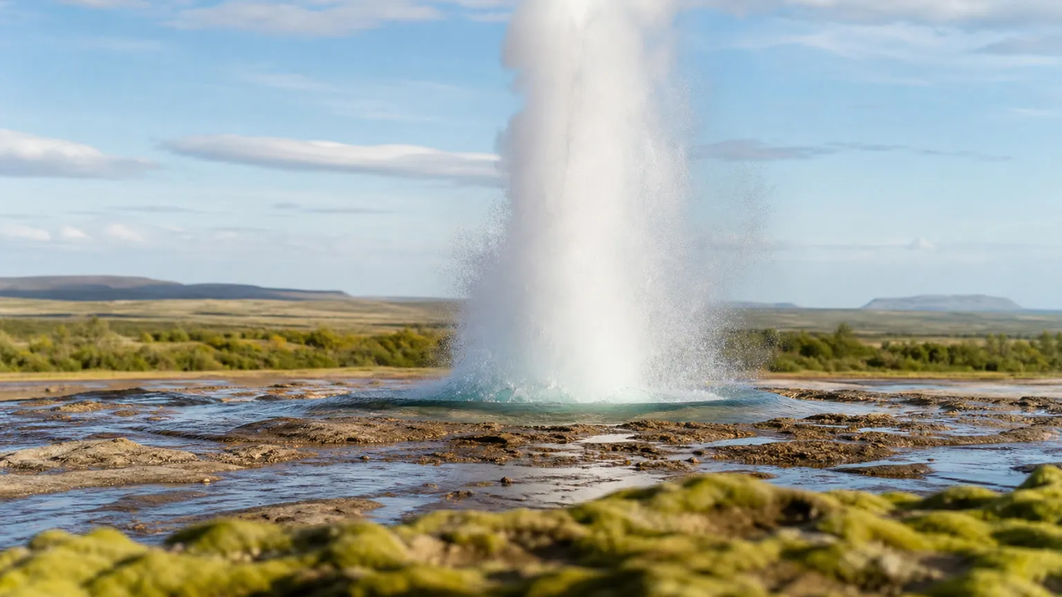 Strokkur-gejseren springer i dagslys over mos og vulkansk landskab på Island