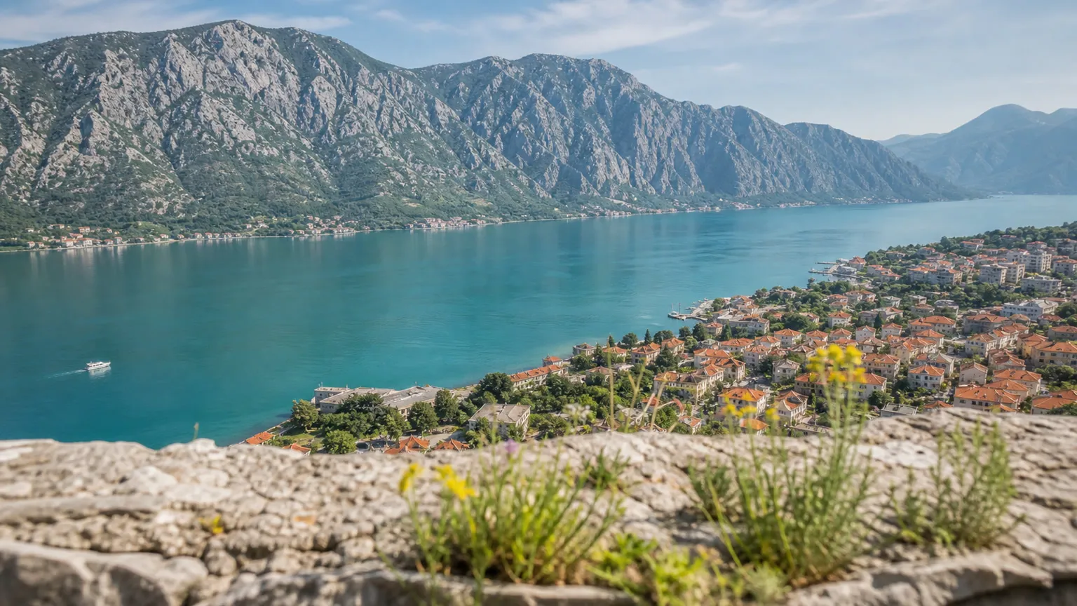 Udsigt over Kotorbugtens turkise vand, røde tegltage og stejle montenegrinske bjerge i sollys