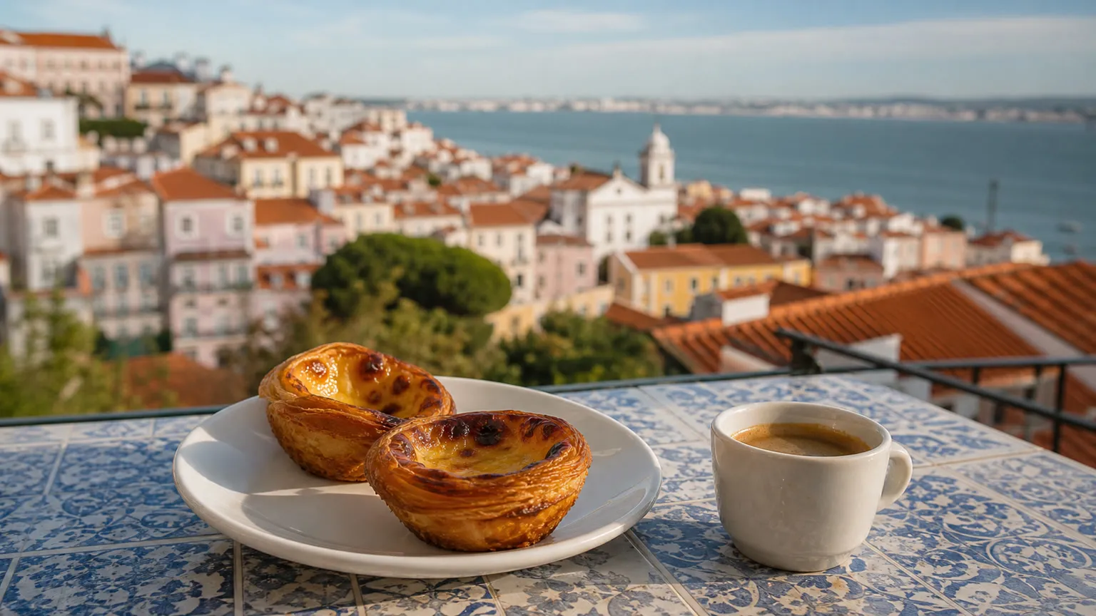 Pasteis de nata på et solbelyst cafébord med Lissabons tage og Tejo-floden blødt i baggrunden
