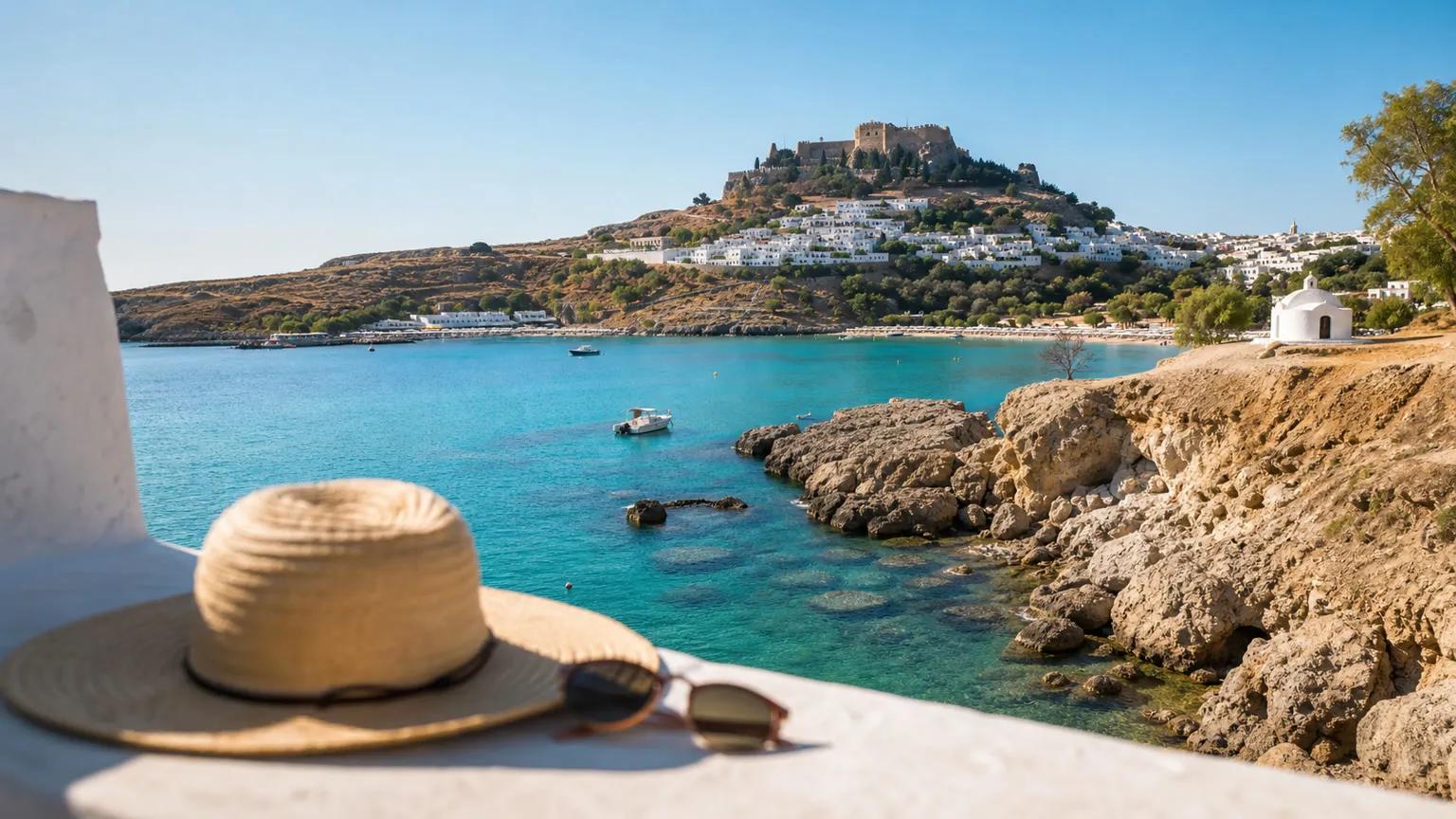 Solhat og solbriller på en terrasse med udsigt over Lindos, turkis bugt og akropolis på Rhodos