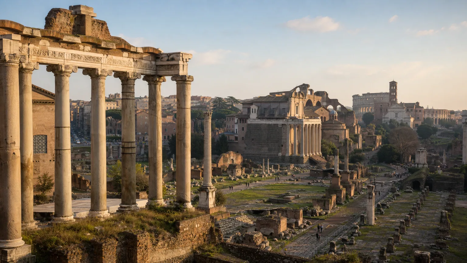 Udsigt over Forum Romanums historiske ruiner og søjler i det bløde lys fra den gyldne time med Colosseum i baggrunden