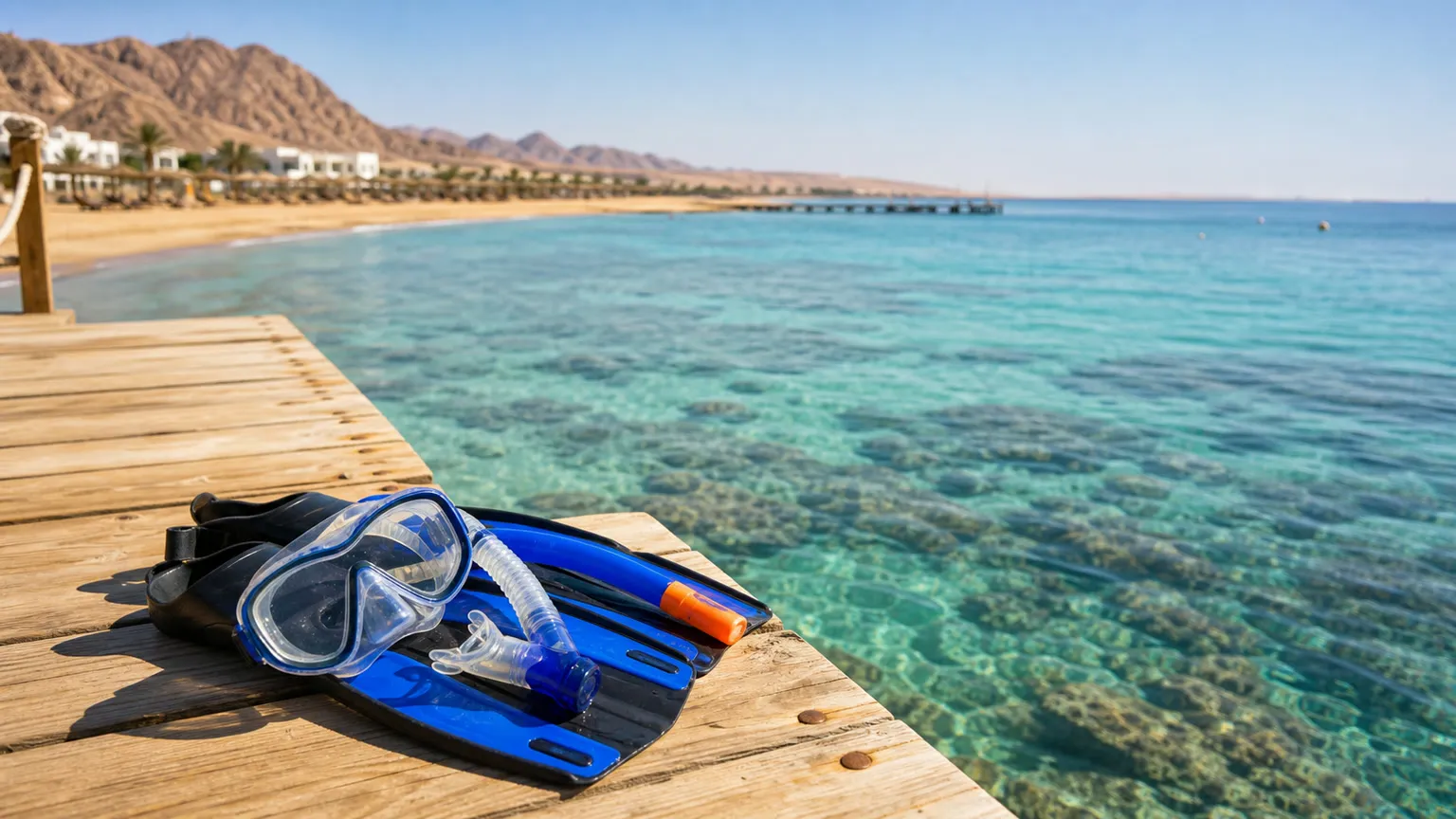 Snorkeludstyr på træbro ved turkis Rødehav, koralrev og Sinai-bjerge i Sharm El Sheikh