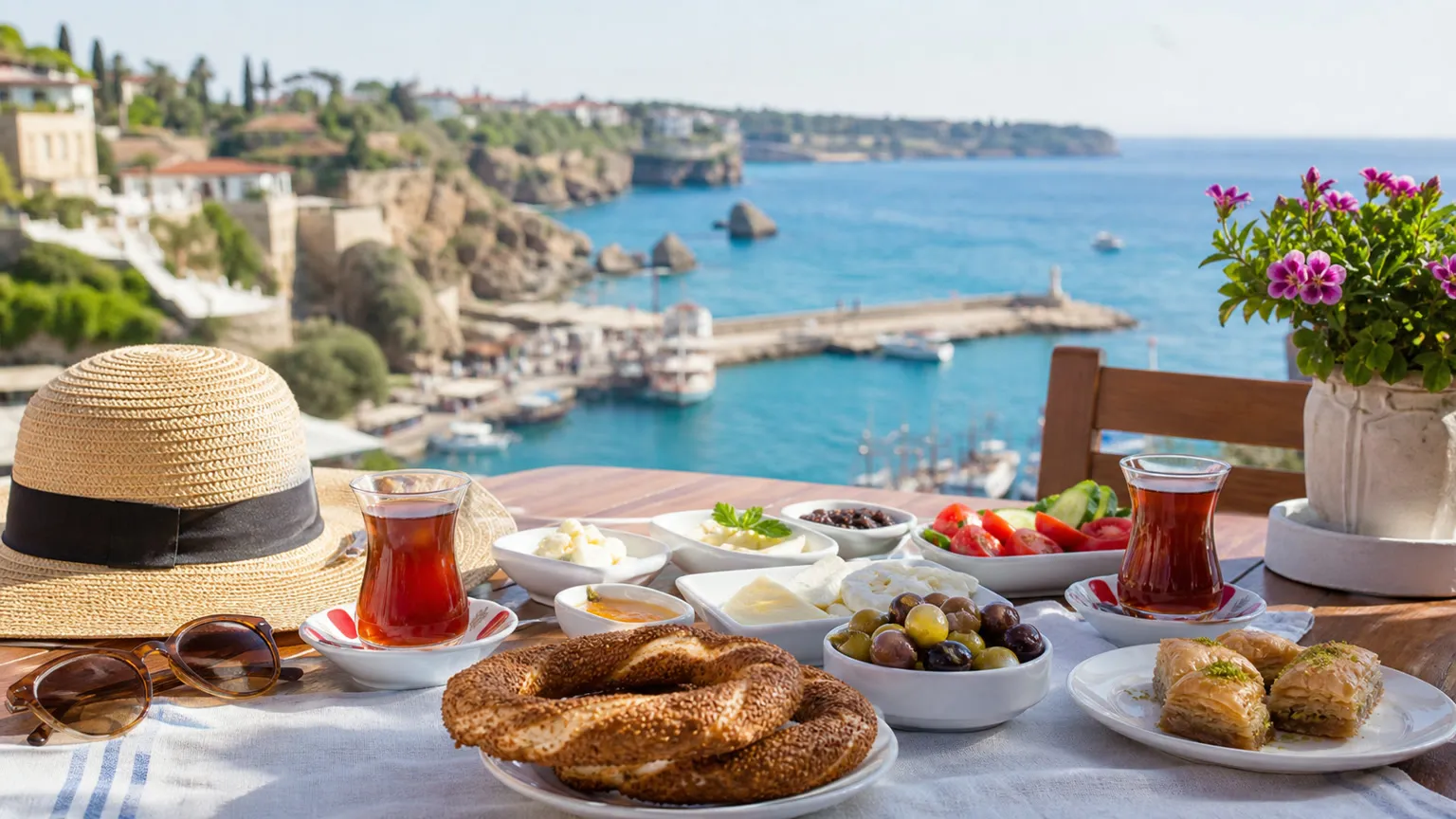 Solrig tyrkisk morgenmad på terrasse ved Antalyas havn med Middelhavet i baggrunden