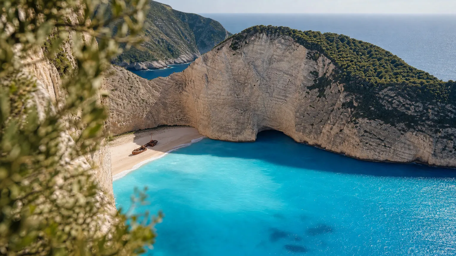 Navagio Beach på Zakynthos med turkisblåt hav, hvide kalkstensklipper og rustent skibsvrag i bugten