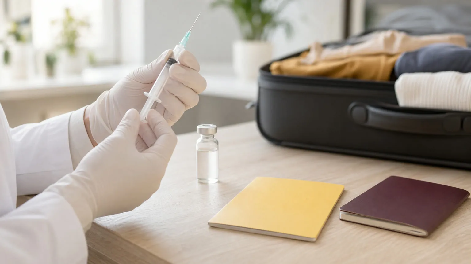 Handskerede klinikhænder klargør en vaccine ved pas, gult vaccinationskort og pakket kuffert.