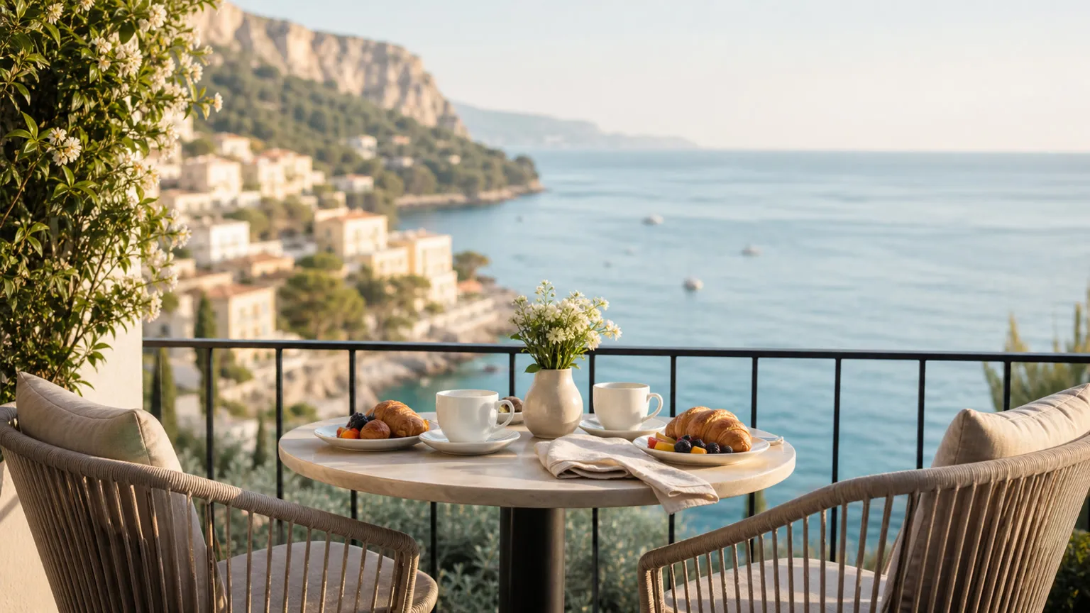 Romantisk morgenbord for to på en solrig hotelbalkon med udsigt over Middelhavet