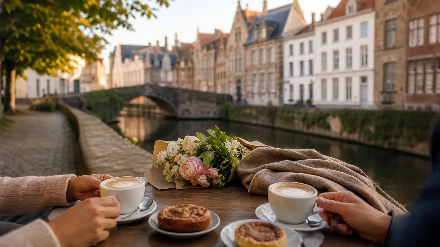 Cafébord for to med kaffe, blomster og kager ved en romantisk kanal i en historisk europæisk by