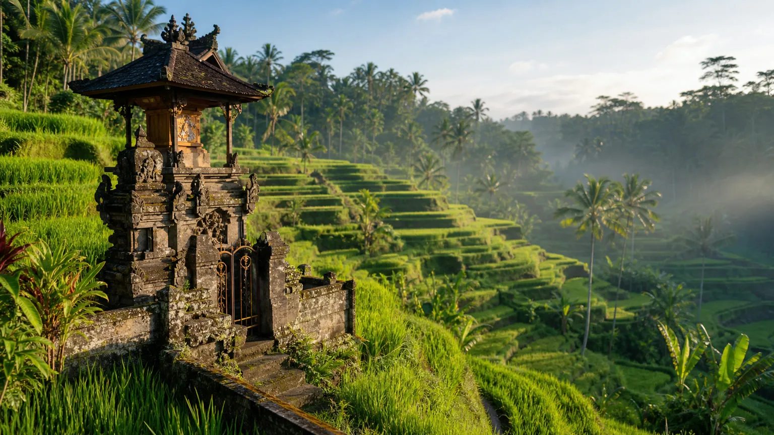 Balinesisk tempel ved grønne risterrasser i morgenlys nær Ubud