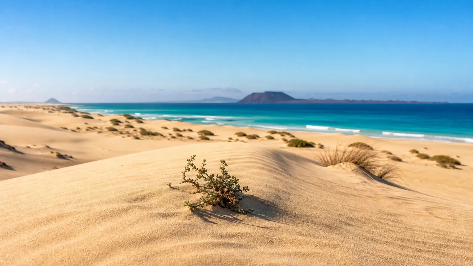 Corralejo-klitterne med gyldent sand, turkisblåt hav og vulkansk ø i horisonten på Fuerteventura