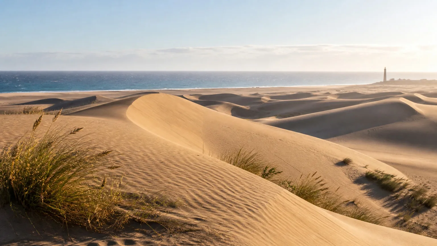 Solbeskinnede Maspalomas-klitter med Atlanterhavet og et fjernt fyrtårn på Gran Canaria