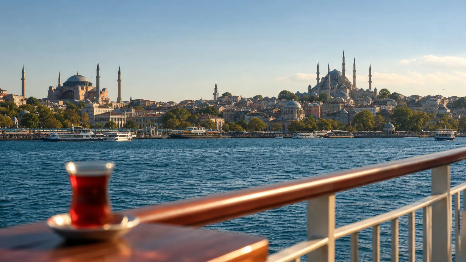 Udsigt fra Bosporusfærge mod Hagia Sophia og Den Blå Moské i klart morgenlys