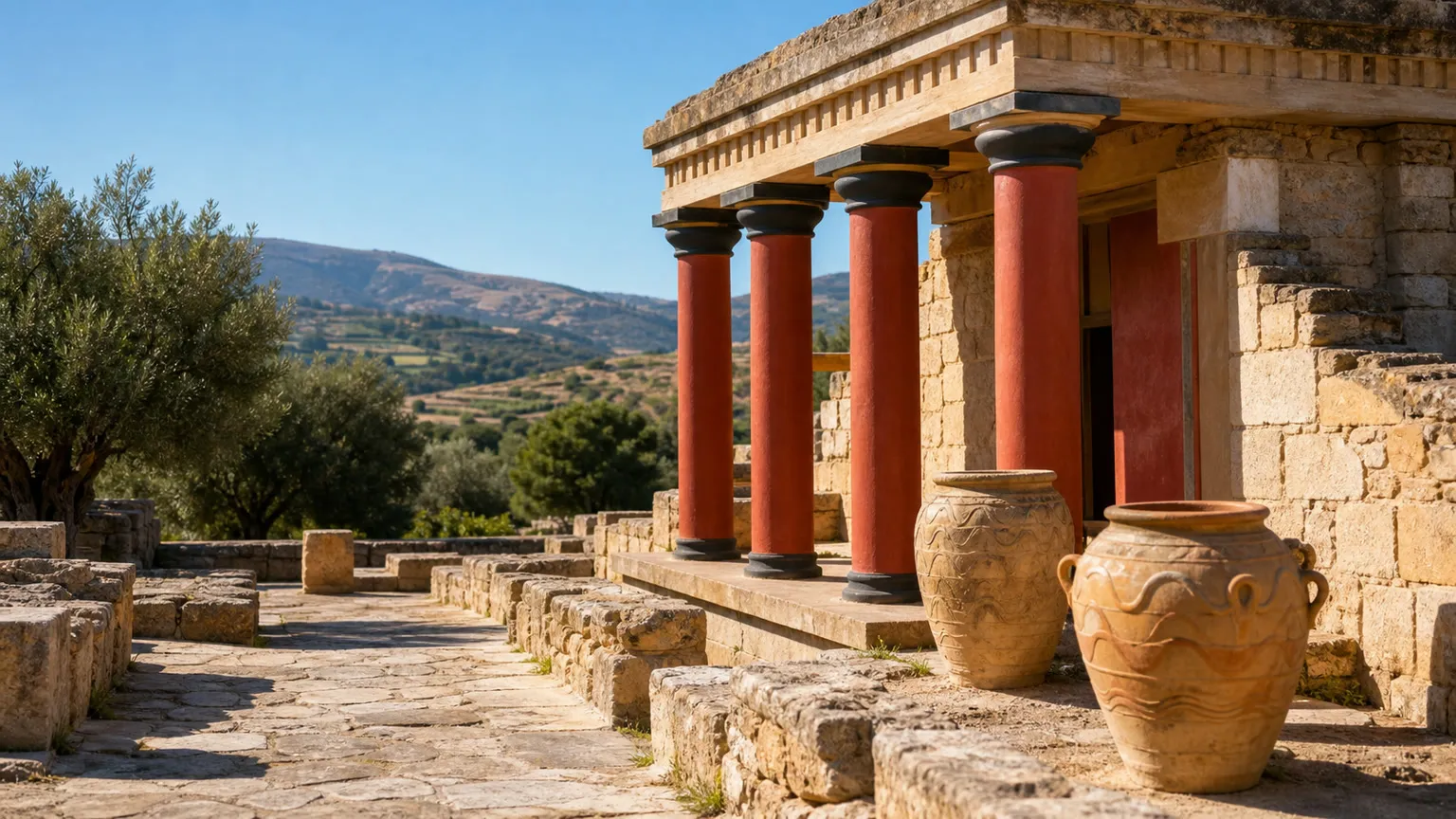 Minoiske søjler og lerkrukker ved Knossos-paladsets ruiner på Kreta i klart morgenlys