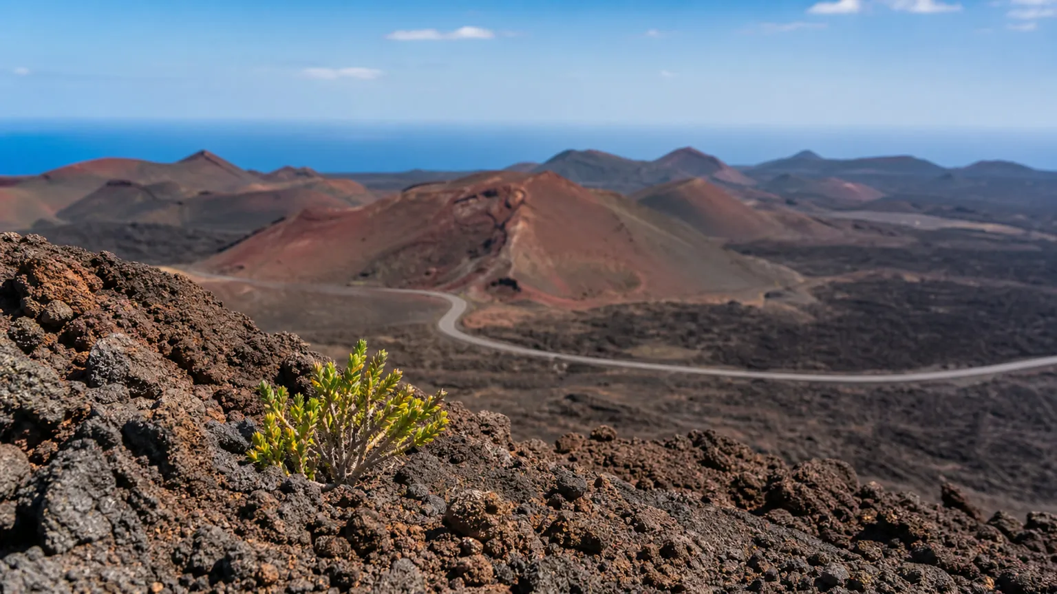 Sorte lavafelter og røde vulkankratere i Timanfaya Nationalpark under klar blå himmel