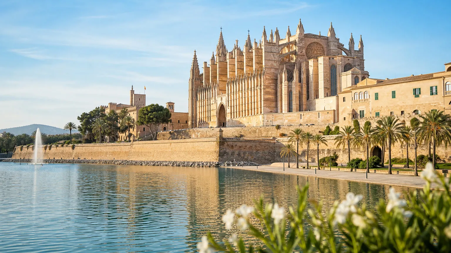 Palma Katedral La Seu ved vandet i Palma med palmer og klar blå himmel
