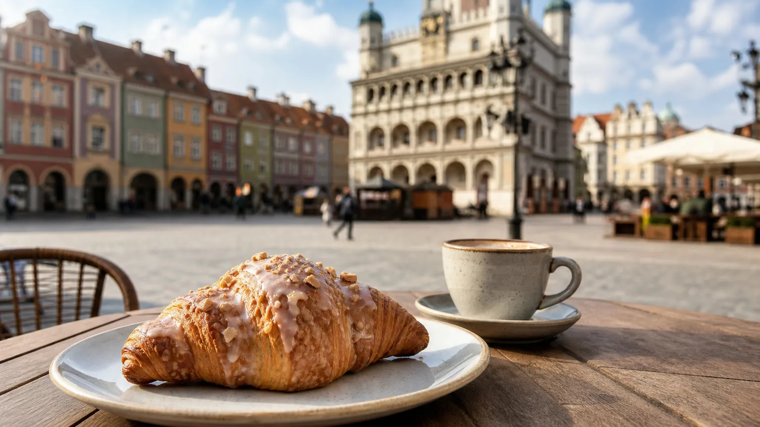 Croissant og kaffe på cafébord ved Poznans farverige Stary Rynek med rådhuset i baggrunden