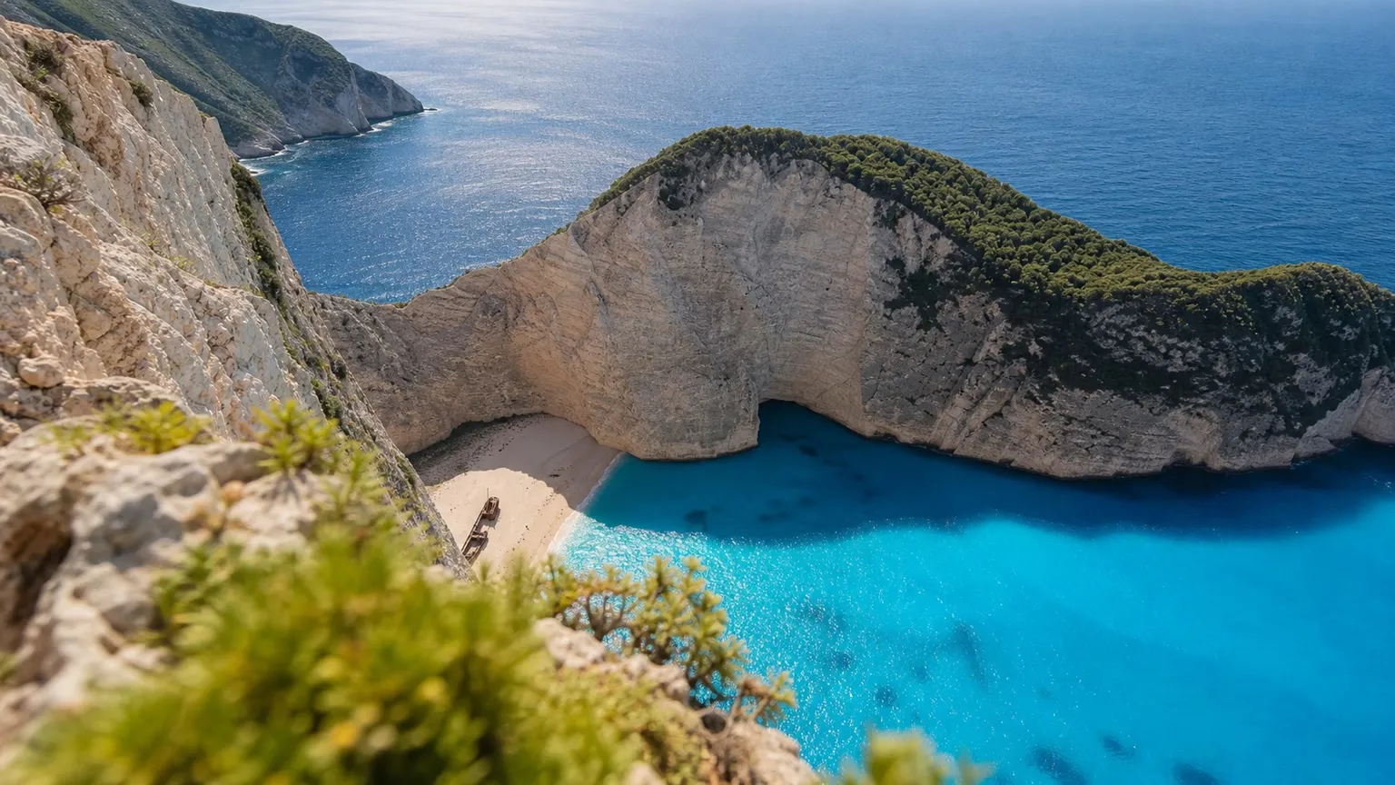 Navagio Beach på Zakynthos set fra klipperne med turkisblåt vand, hvide kalkstensklipper og skibsvrag på stranden