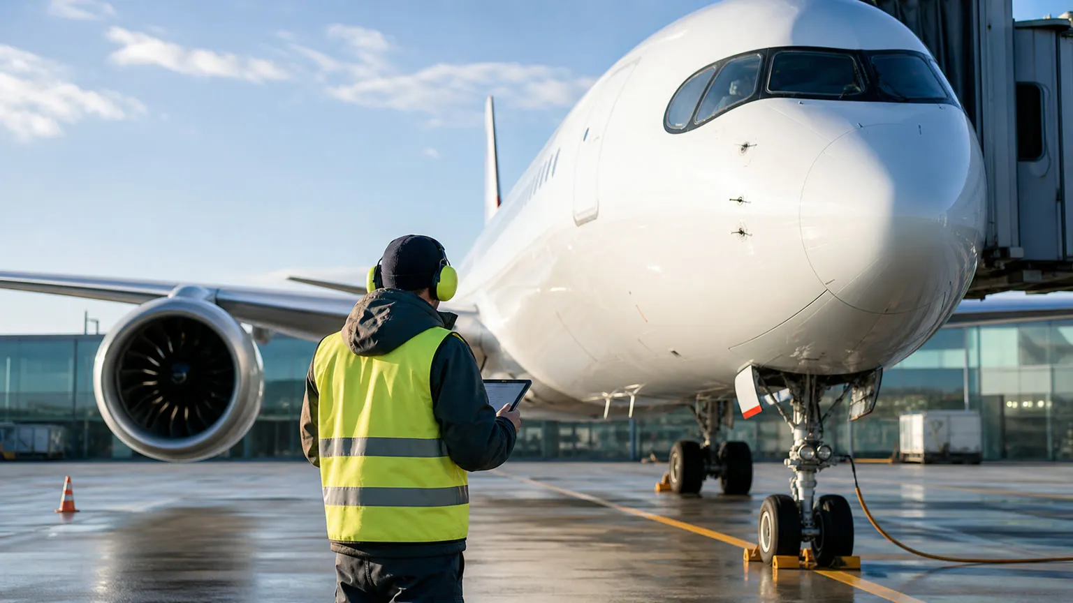 Sikkerhedskontrol af moderne passagerfly på lufthavnens apron i klart morgenlys