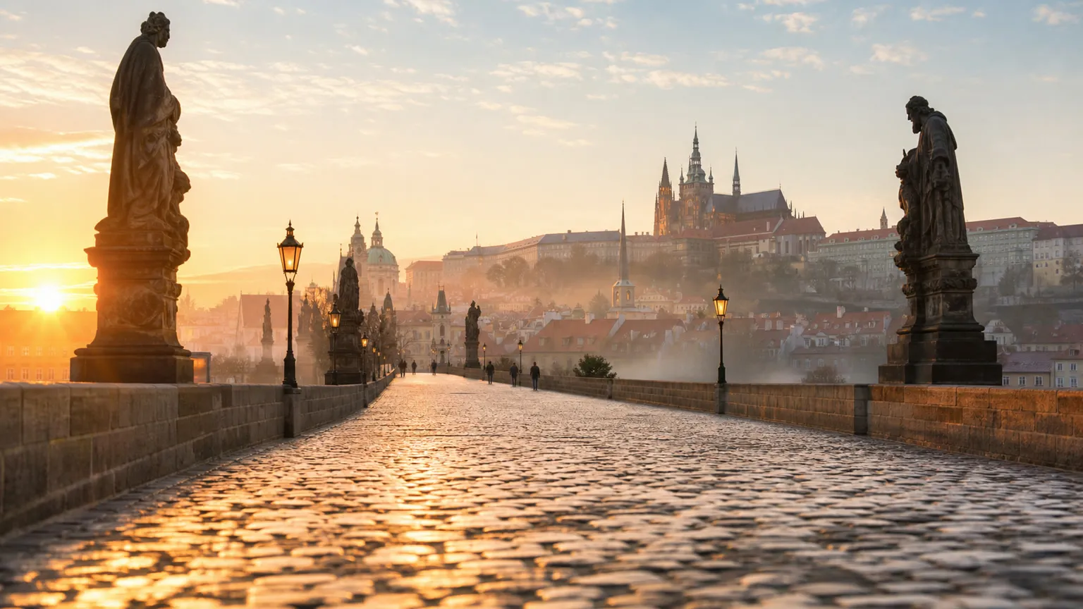 Karlsbroen i Prag ved solopgang med gyldent lys, brostatuer og Prags borg i morgendis