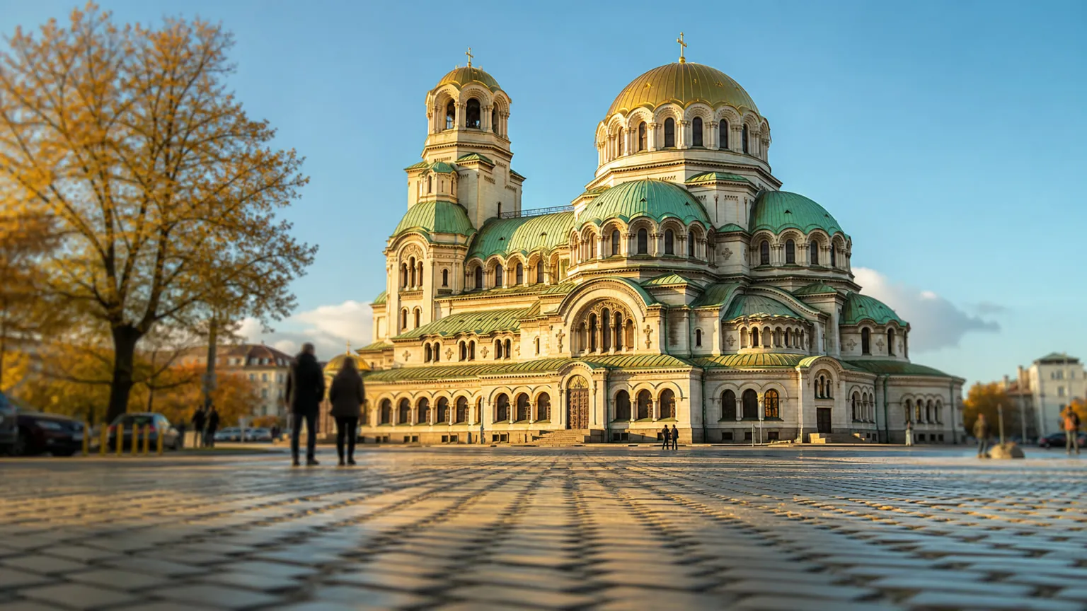 Alexander Nevsky-katedralen i Sofia med gyldne kupler i varmt morgenlys set over brostenspladsen