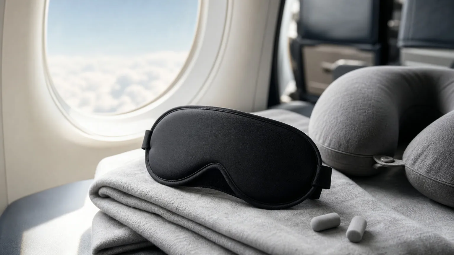 Sort sovemaske på et lyst flysæde med nakkepude og ørepropper ved vinduet over skyerne