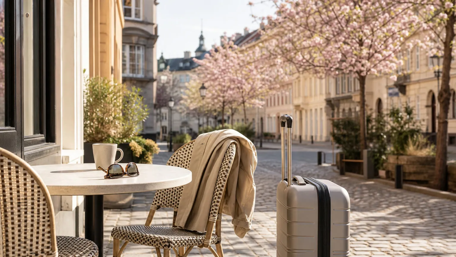 Kuffert ved en solrig café på brostensgade med blomstrende træer og europæisk forårsstemning