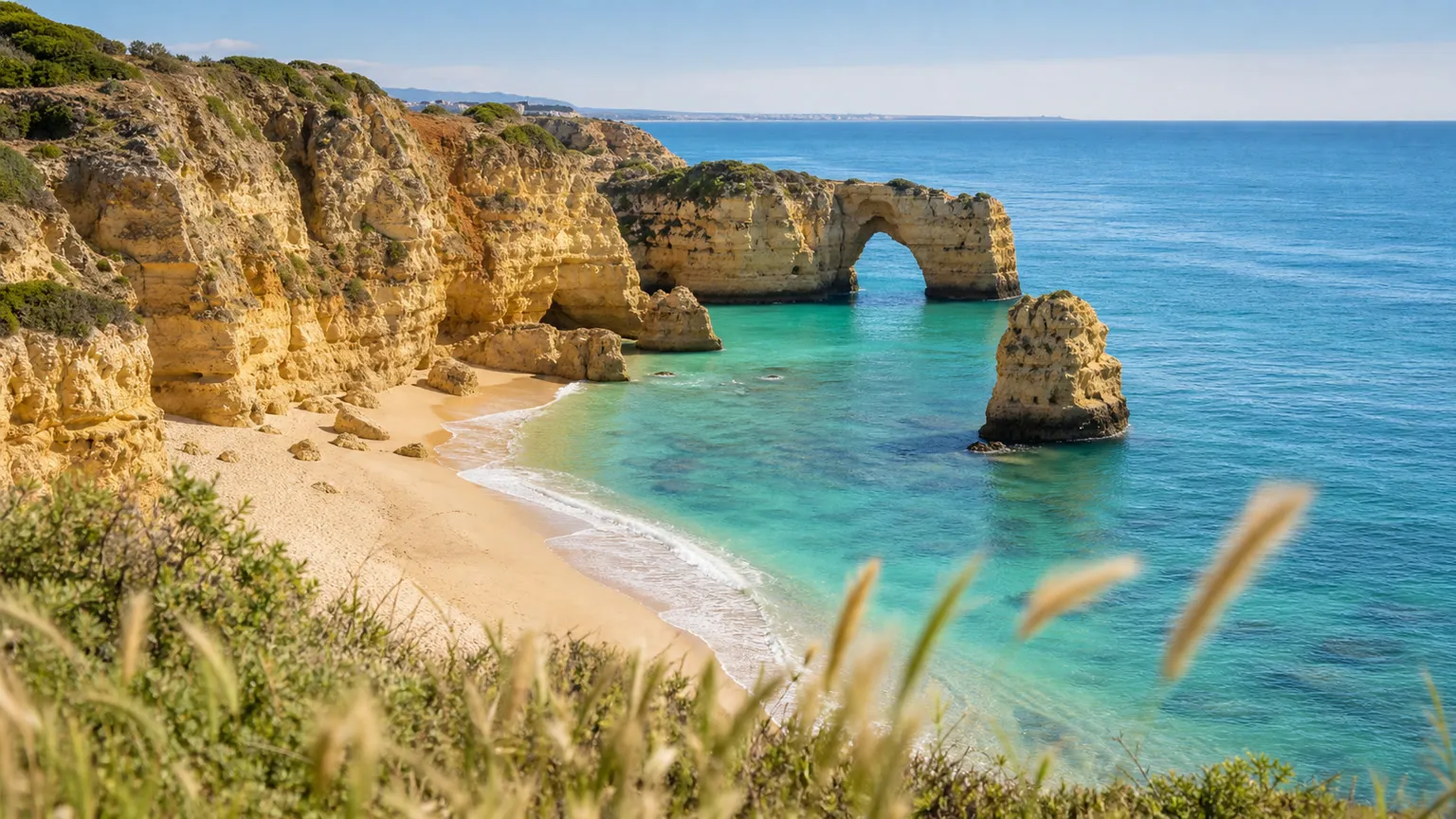 Solrig Algarve-bugt med gyldne klipper, naturlig klippebue, klart turkis vand og lys sandstrand