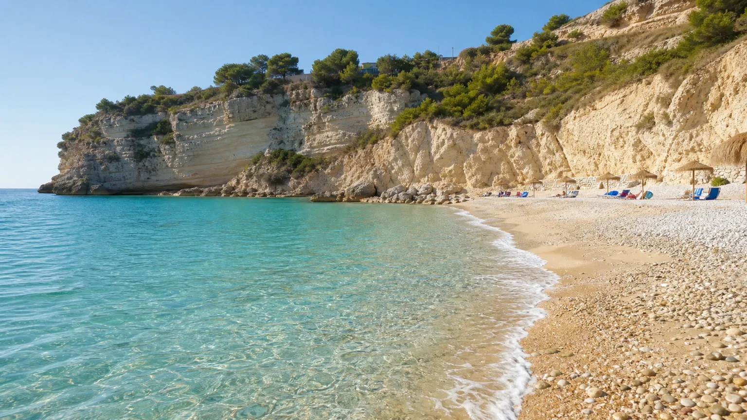 Lys Costa Blanca-bugt med klart turkis vand, gylden strand, parasoller og lyse kalkklipper