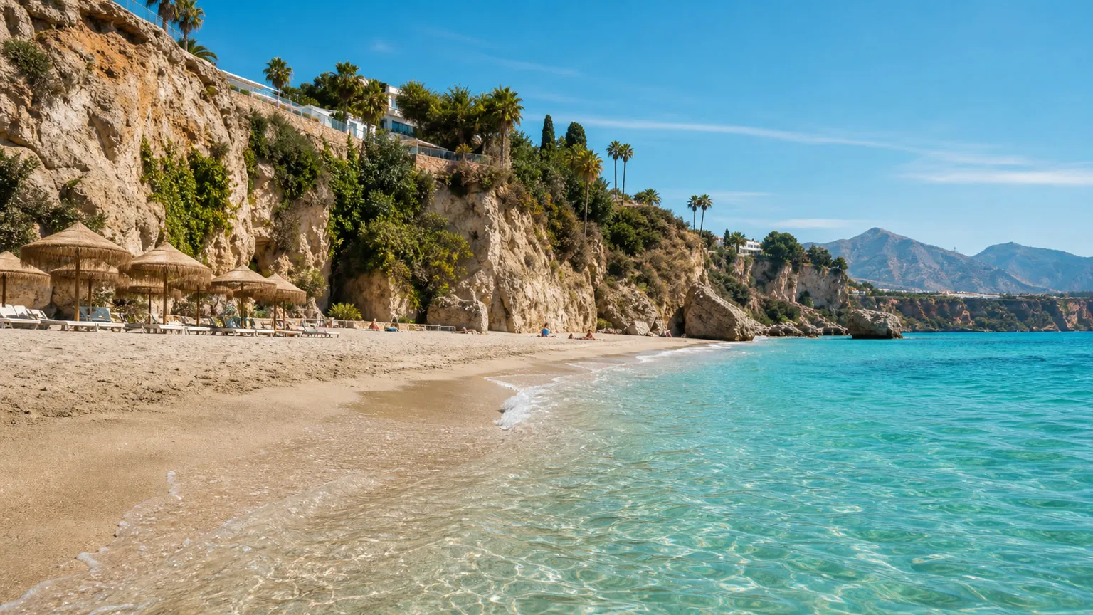 Turkisblåt Middelhav ved Costa del Sol med sandstrand, stråparasoller og dramatiske klipper ved Nerja
