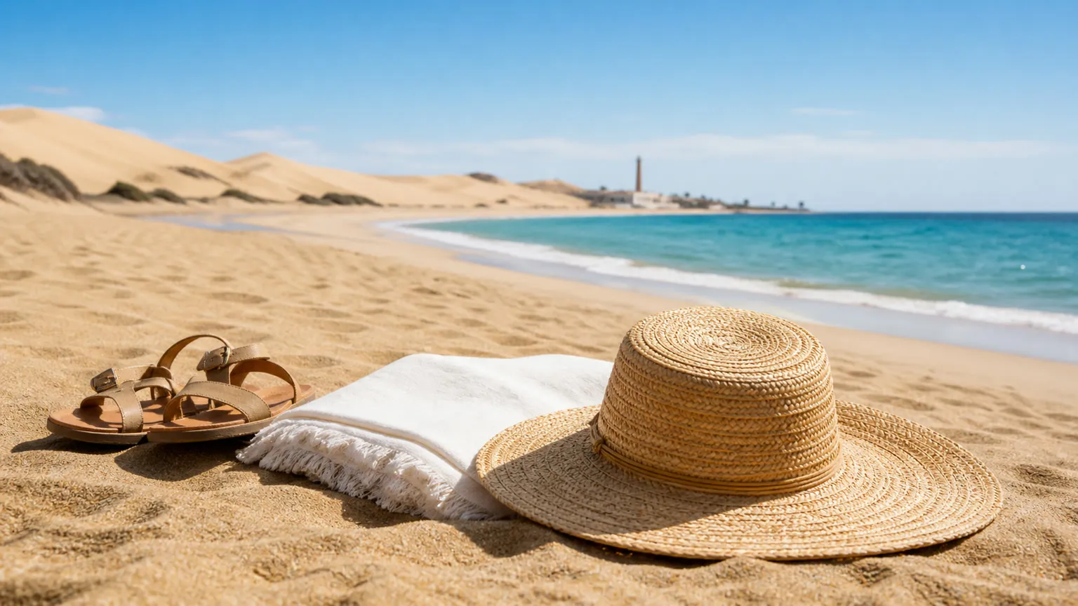 Solhat, sandaler og hvidt håndklæde på gylden strand ved Maspalomas-klitterne og turkisblåt hav