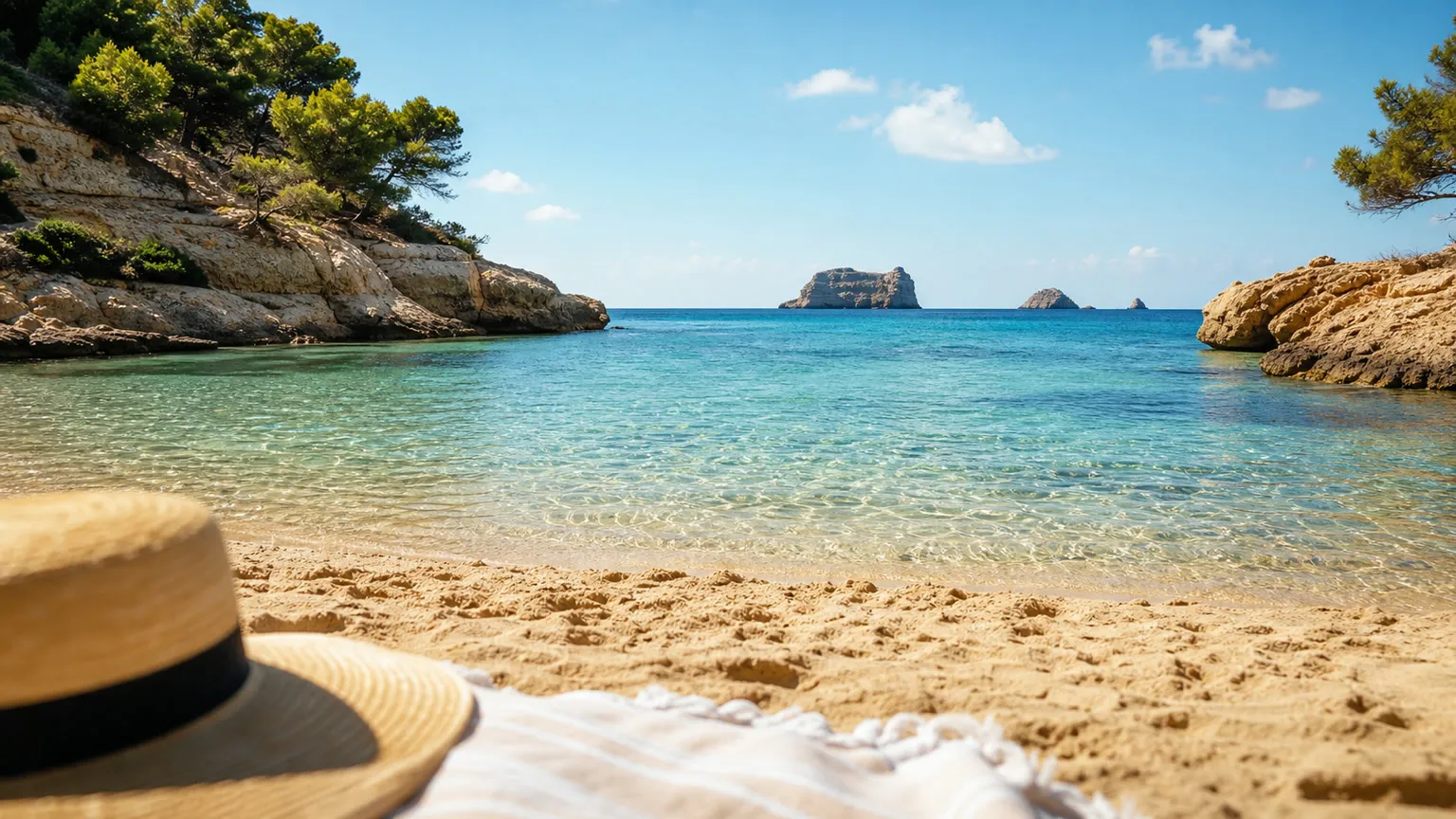 Krystalklar bugt på Ibiza med turkisblåt vand, klipper, pinjetræer og solhat på sandet