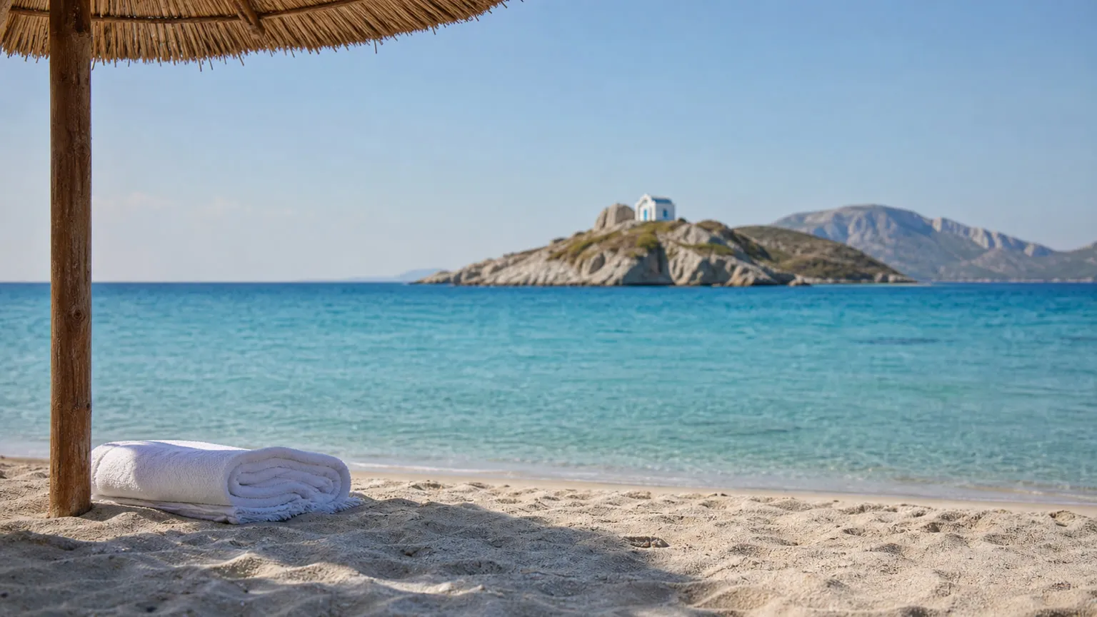 Hvidt håndklæde under stråparasol på Agios Stefanos-stranden med turkis hav og Kastri-øen i baggrunden