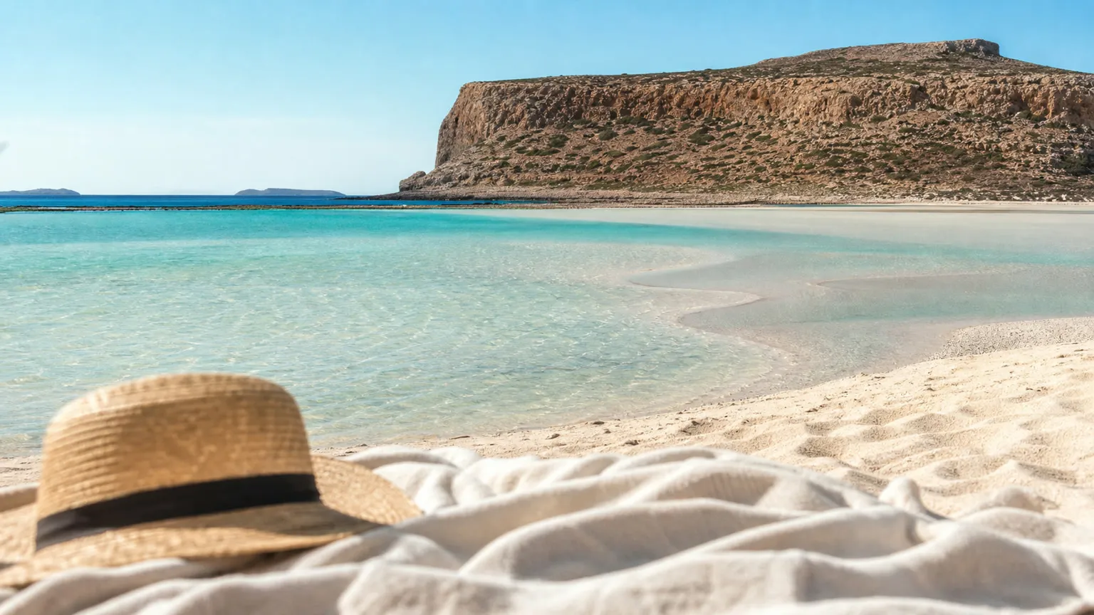 Turkis lagune ved Balos på Kreta med hvid sandbanke, klipper og stråhat på strandtæppe i forgrunden