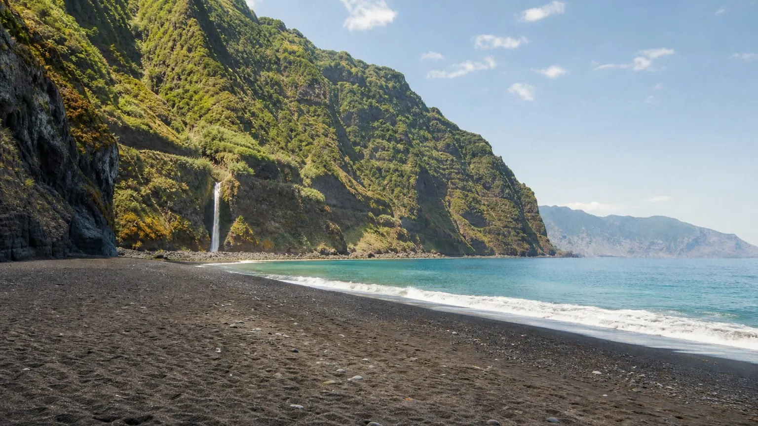 Sortsandsstrand på Madeira med stejle grønne klipper, et vandfald og turkisblåt hav