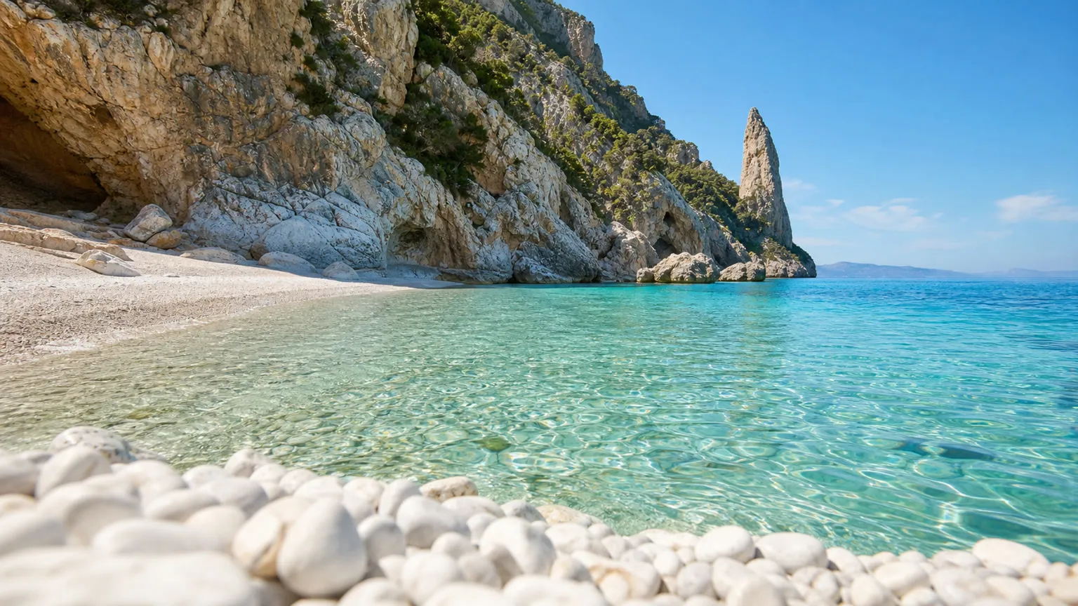 Klar turkis bugt ved Cala Goloritzé med hvide rullesten, kalkstensklipper og Sardiniens kyst i sollys